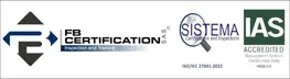 Certificación ISO/IEC 27001:2022, con los sellos de FB Certification S.A.S., SISTEMA e IAS